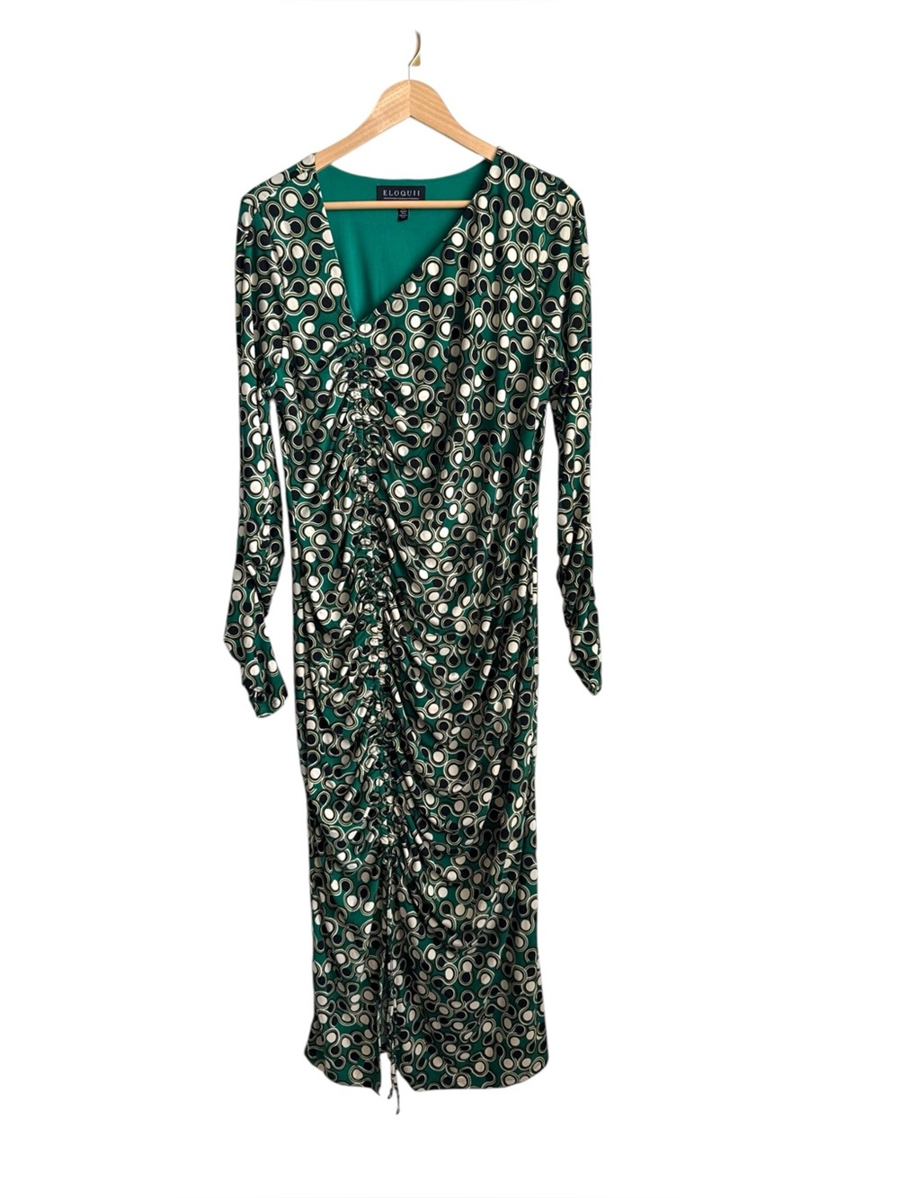 ELOQUII Green Abstract Print Ruched Midi Maxi Dress Long Sleeve Size 18